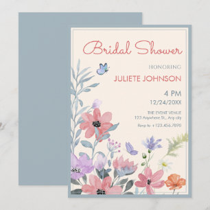 Watercolor pastel flowers butterfly bridal shower invitation