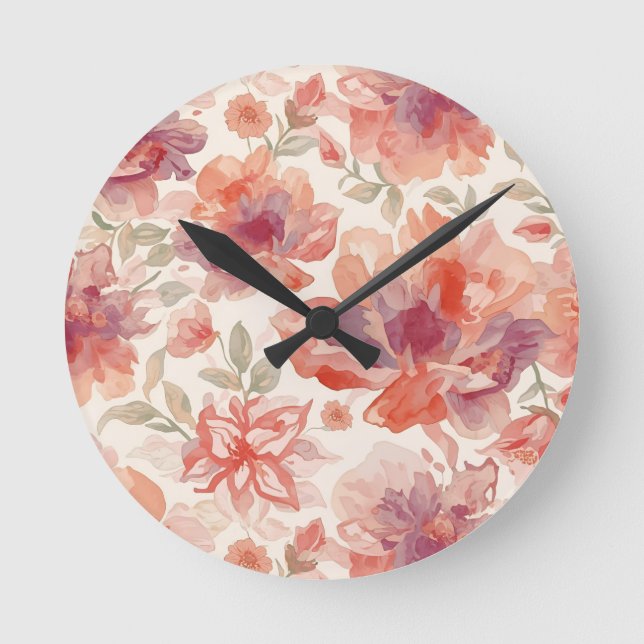 Watercolor Pastel Flowers Light Orange Round Clock (Front)