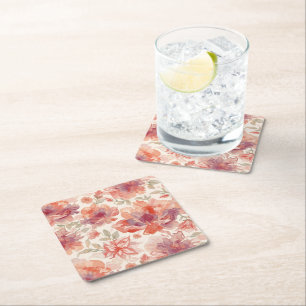 Watercolor Pastel Flowers Light Orange Square Paper Coaster