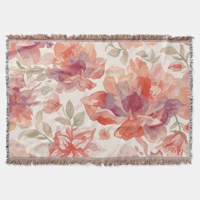 Watercolor Pastel Flowers Light Orange Throw Blanket (Front)