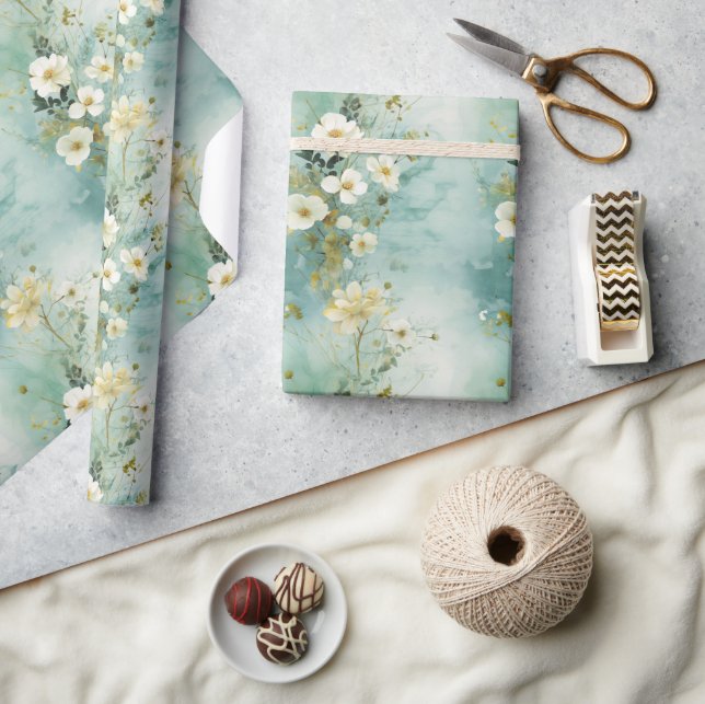 Watercolor pastel green and white wild flowers wrapping paper (Crafts)