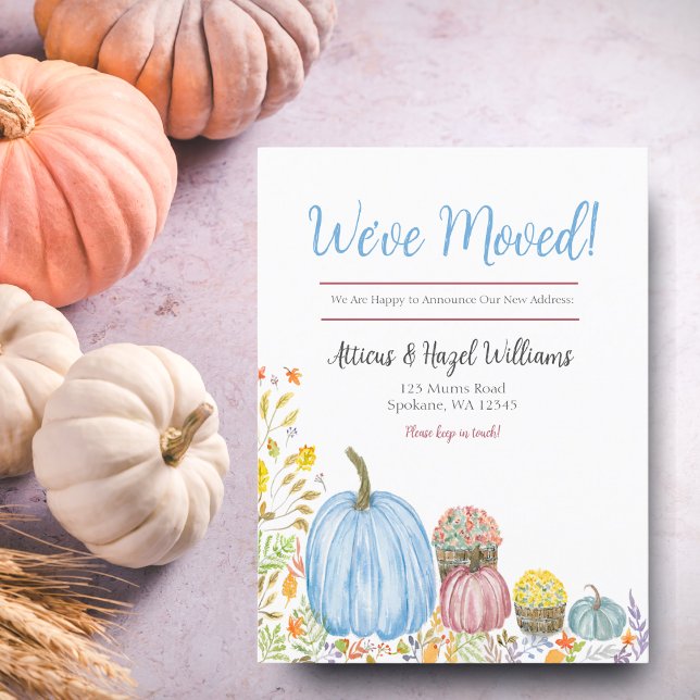 Watercolor Pastel Mums, Pumpkins Autumn Moving  Announcement Postcard (Announce your move with the elegance of autumn in every detail.)