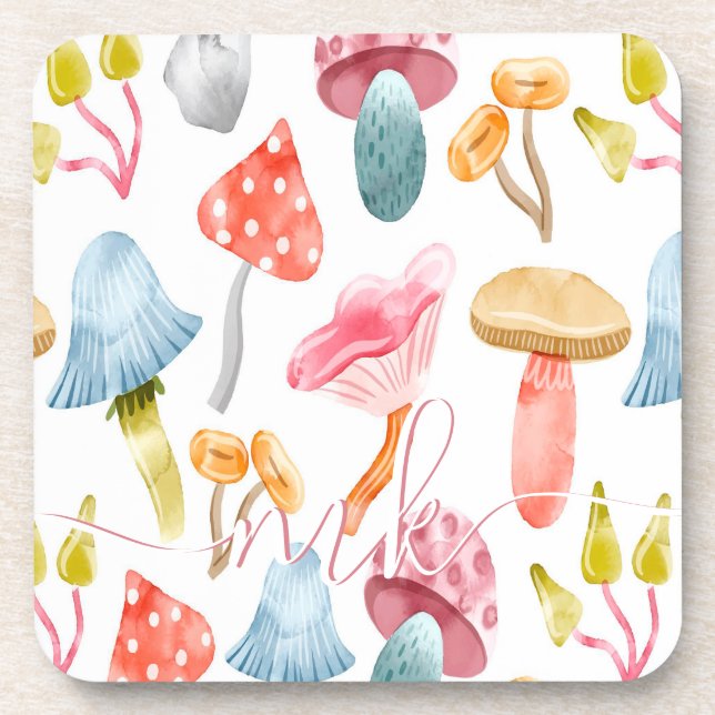  Watercolor Pastel Mushrooms Coaster (Front)