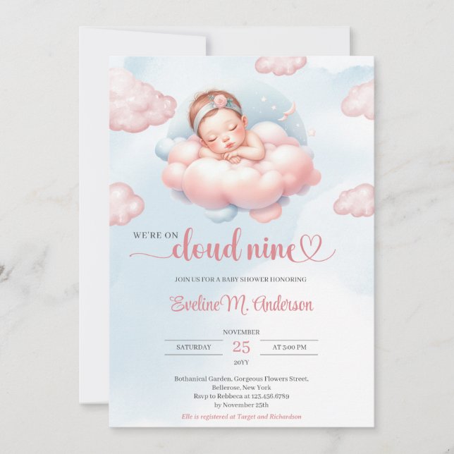 Watercolor pastel pink and blue cloud nine girl invitation (Front)