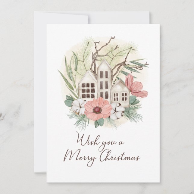 Watercolor Pastel Pink Brown Green Merry Christmas Holiday Card (Front)