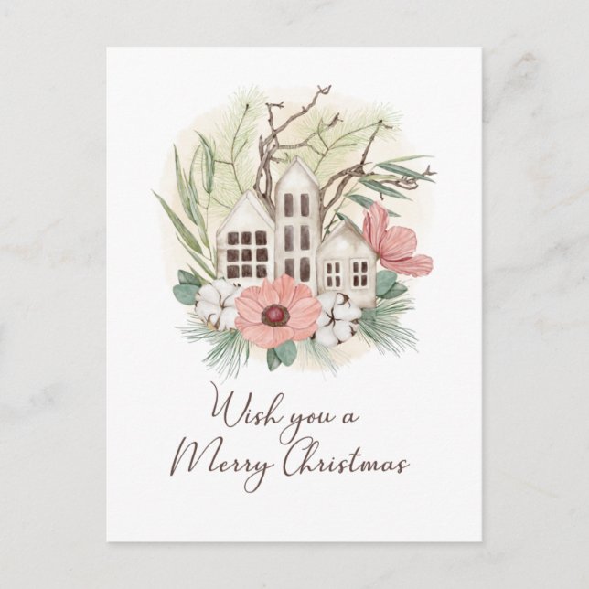 Watercolor Pastel Pink Brown Green Merry Christmas Holiday Postcard (Front)