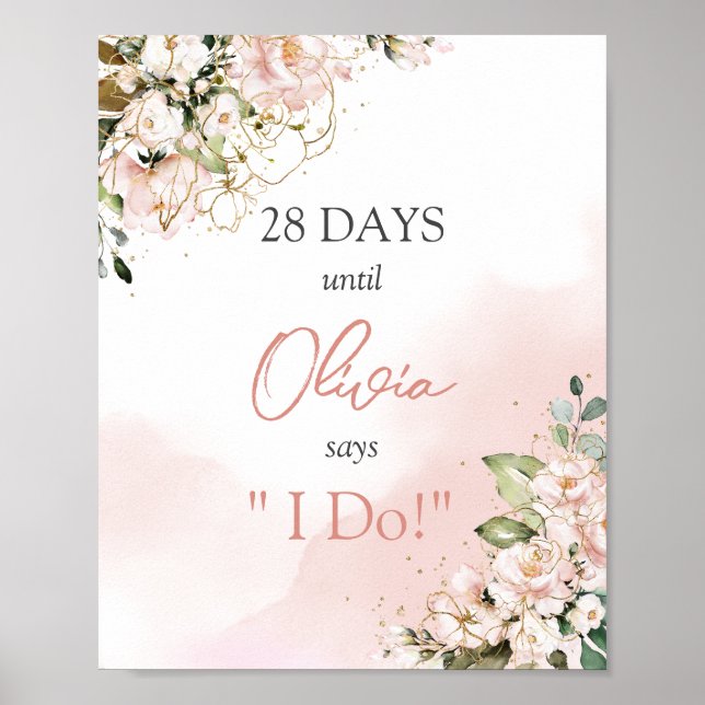 Watercolor pastel pink floral boho countdown sign (Front)
