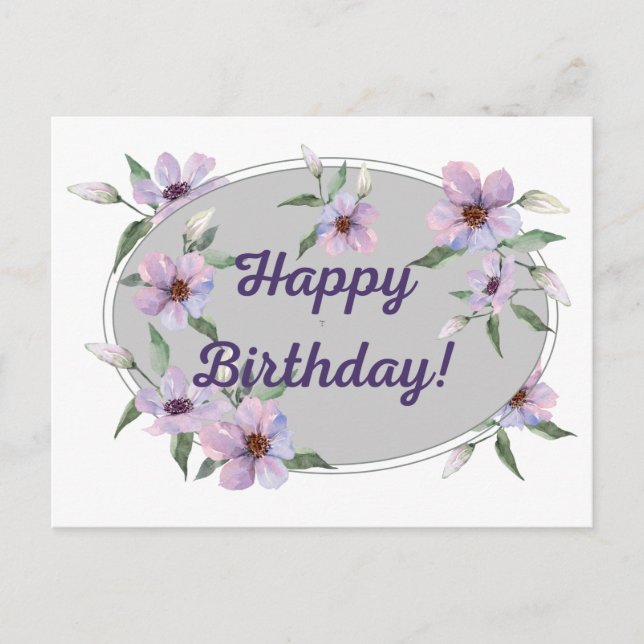 Watercolor Pastel Pink Flowers Happy Birthday Postcard (Front)