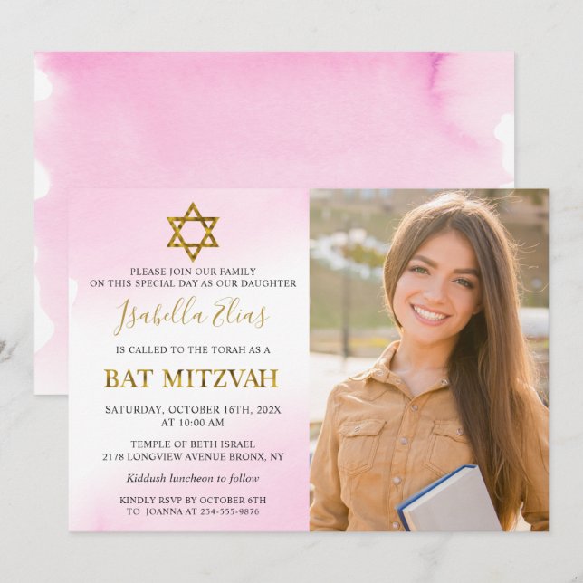 Watercolor Pastel Pink Gold Bat Mitzvah Photo Invitation (Front/Back)