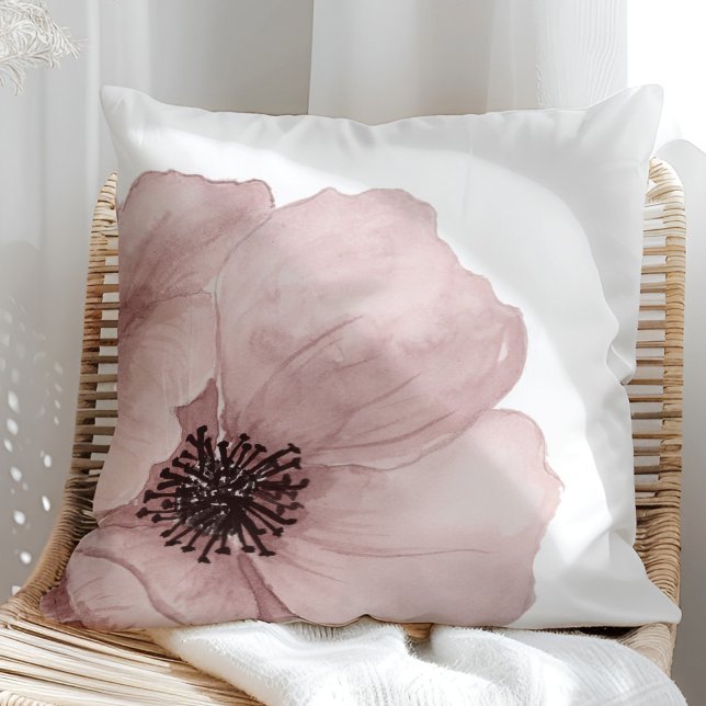 Watercolor Pastel Pink Poppy Cushion (Watercolor Pastel Pink Poppy Throw Pillow in a sunny rattan armchair.)