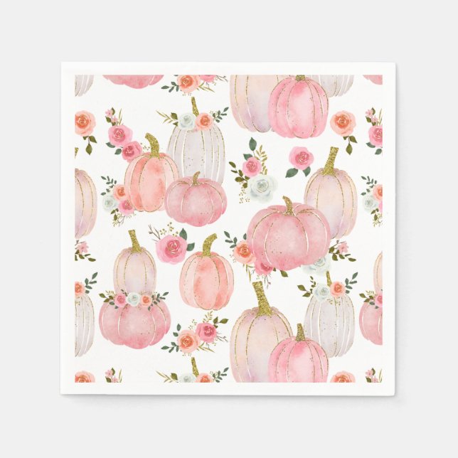 Watercolor Pastel Pink Pumpkin Roses Baby Shower Napkin (Front)