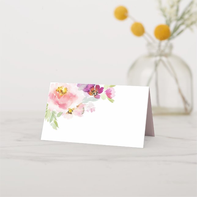 Watercolor Pastel Pink & Purple Flowers Place Card (Front)