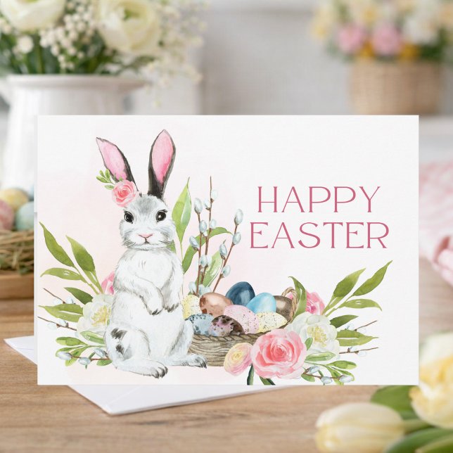Watercolor Pastel Pink Roses Bunny Happy Easter Card (Creator Uploaded)
