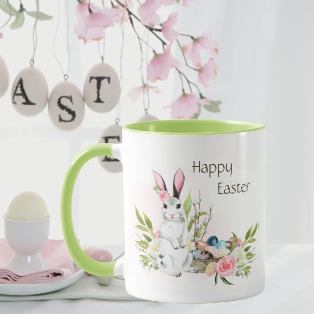 Watercolor Pastel Pink Roses Bunny Happy Easter Mug (Creator Uploaded)