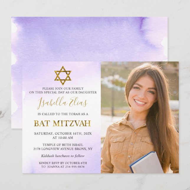 Watercolor Pastel Purple Gold Bat Mitzvah Photo Invitation (Front/Back)