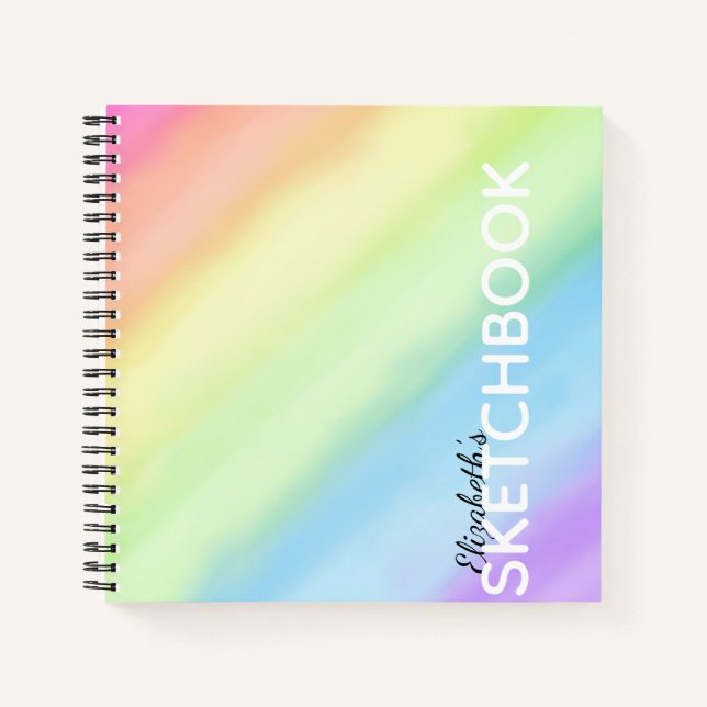 Watercolor Pastel Rainbow Gradient Name Sketchbook Notebook (Front)