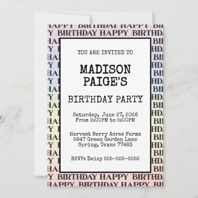 Watercolor Pastel Rainbow Happy Birthday Invitation (Front)