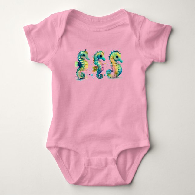 Watercolor Pastel Rainbow Seahorses Baby Bodysuit (Front)