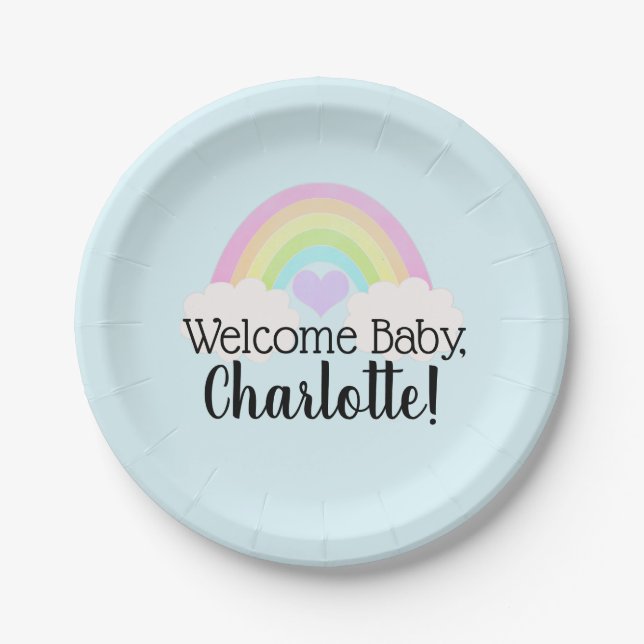 Watercolor Pastel Rainbow Welcome Baby Shower Paper Plate (Front)