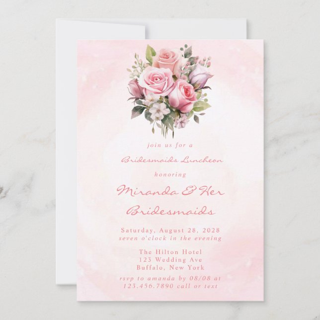 Watercolor Pastel Roses Bridesmaids Luncheon Invitation (Front)