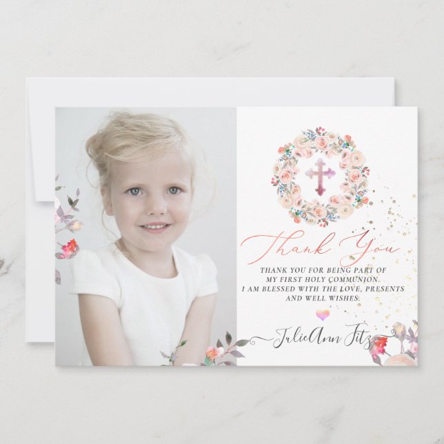 Watercolor Pastel Roses Communion Thank You Invitation (Front)