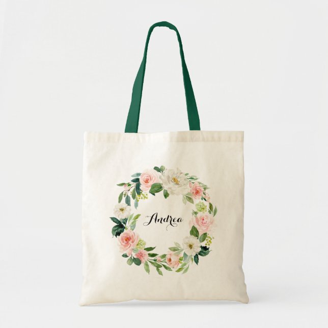 Watercolor Pastel Roses Floral Wreath Bridesmaid Tote Bag (Front)