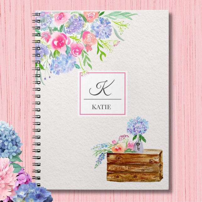 Watercolor Pastel Roses, Hydrangeas Monogram Notebook (Creator Uploaded)