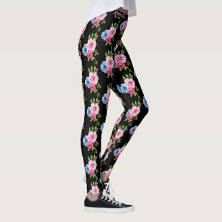 Watercolor Pastel Roses in Pink & blue Custom Name Leggings