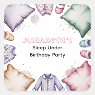 Watercolor Pastel Sleep Over Girl Birthday Party Square Sticker