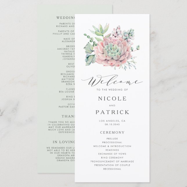 Watercolor Pastel Succulents Bouquet Wedding Programme (Front/Back)