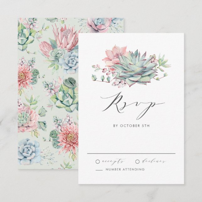 Watercolor Pastel Succulents Bouquet Wedding RSVP Card (Front/Back)