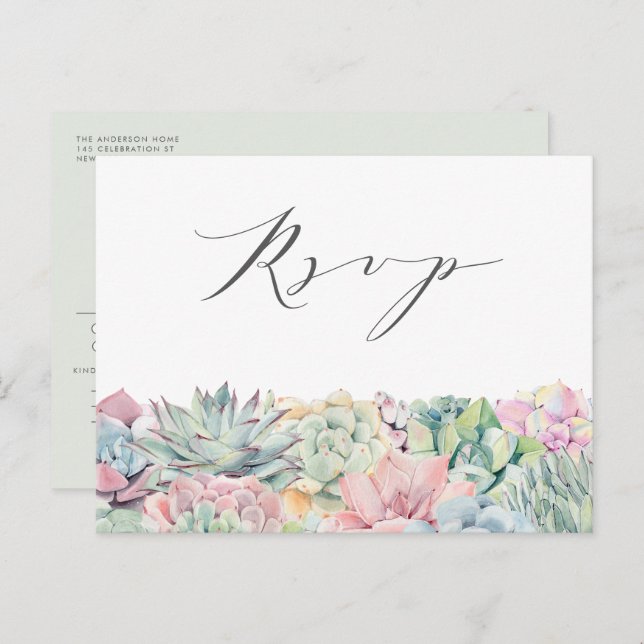 Watercolor Pastel Succulents Garland Wedding RSVP Postcard (Front/Back)