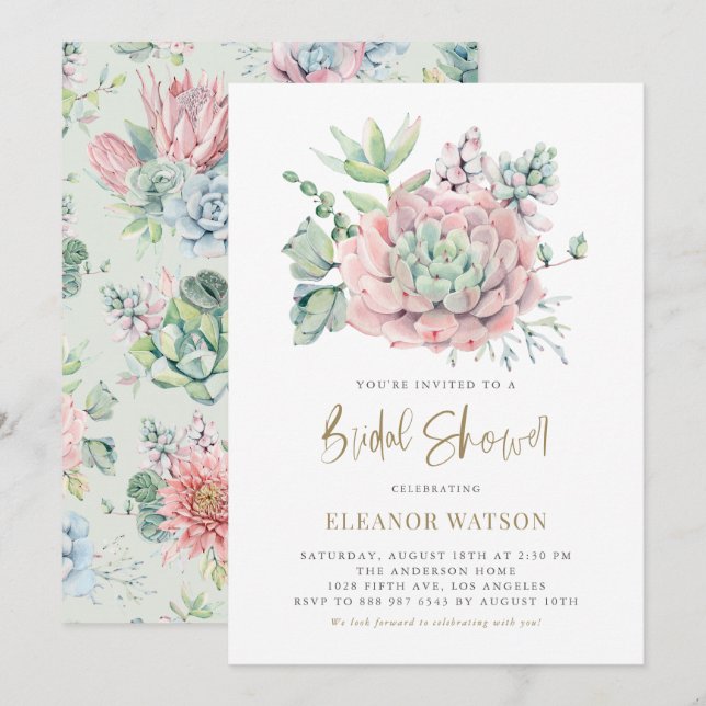 Watercolor Pastel Succulents Summer Bridal Shower Invitation (Front/Back)