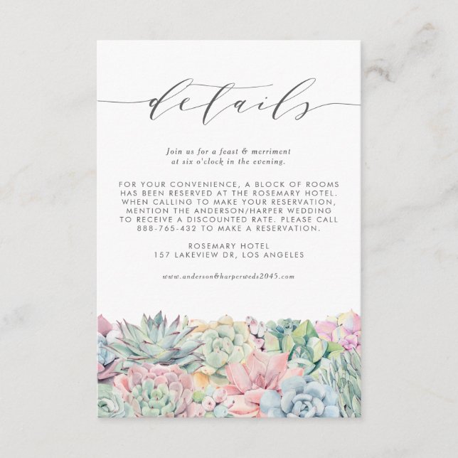 Watercolor Pastel Succulents Wedding Details Enclosure Card (Front)