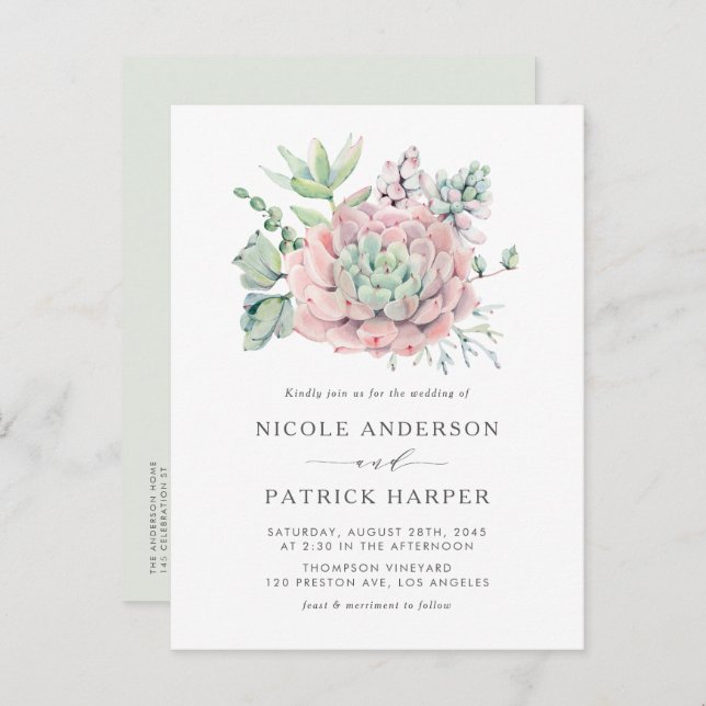 Watercolor Pastel Succulents Wedding Invitation Postcard (Front/Back)