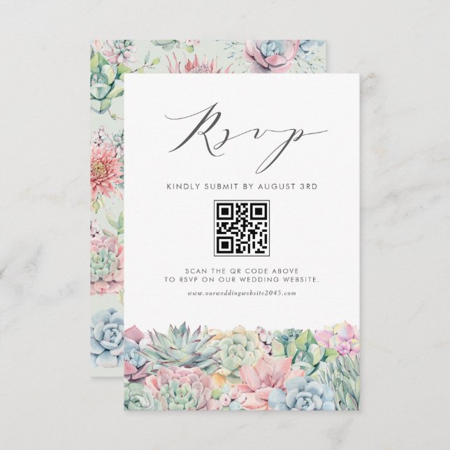 Watercolor Pastel Succulents Wedding QR Code RSVP Card (Front/Back)