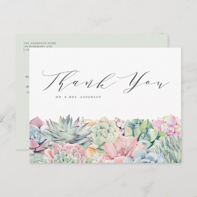 Watercolor Pastel Succulents Wedding Thank You Postcard (Front/Back)