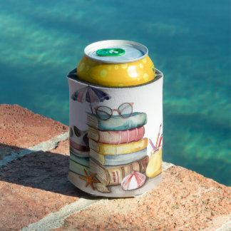WATERCOLOR PASTEL SUMMER BEACH SCENE WITH BOOKS CAN COOLER