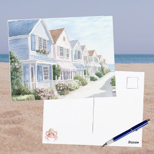 Watercolor Pastel Summer Coastal Cottages Postcard