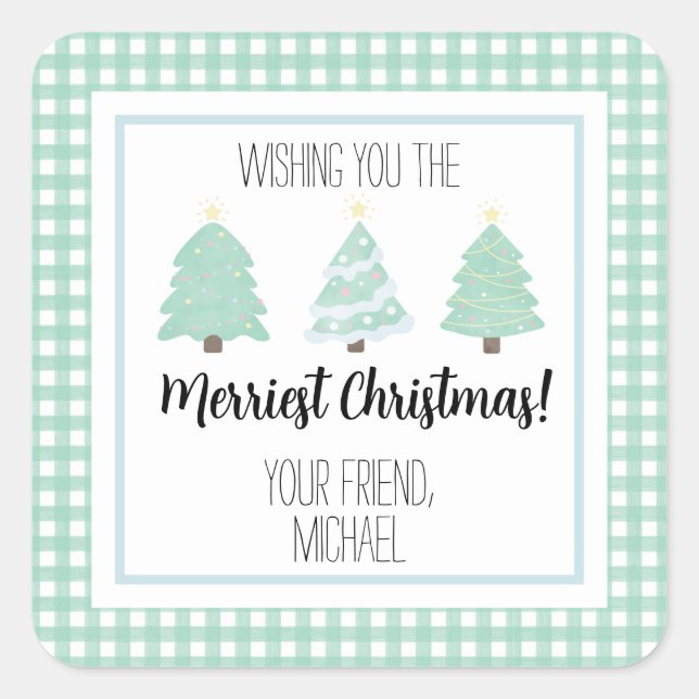 Watercolor Pastel Tree Teacher Christmas Gift Card Square Sticker (Front)