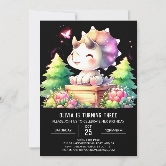 Watercolor Pastel Triceratops Birthday Invitation (Front)