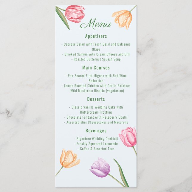 Watercolor Pastel Tulip Flowers Spring Wedding Menu (Front)