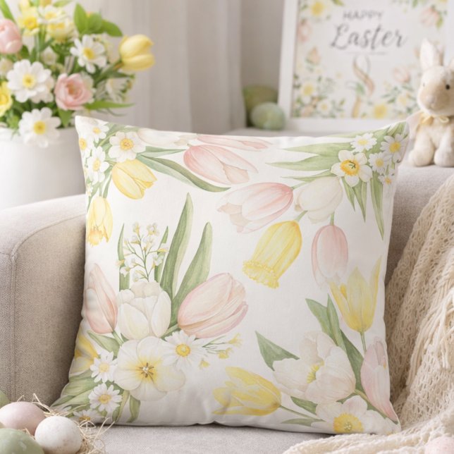 Watercolor Pastel Tulips Daffodils Spring Cushion (Creator Uploaded)