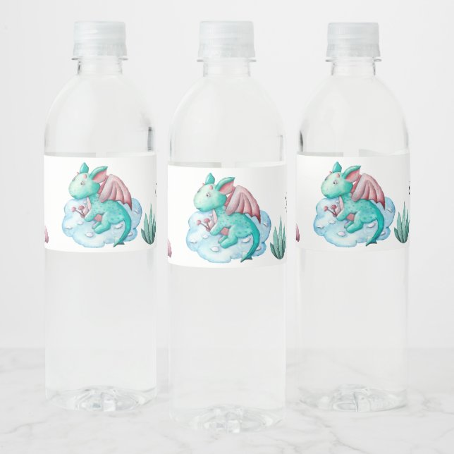 Watercolor Pastel Turquoise Dragon Baby Shower  Water Bottle Label (Bottles)