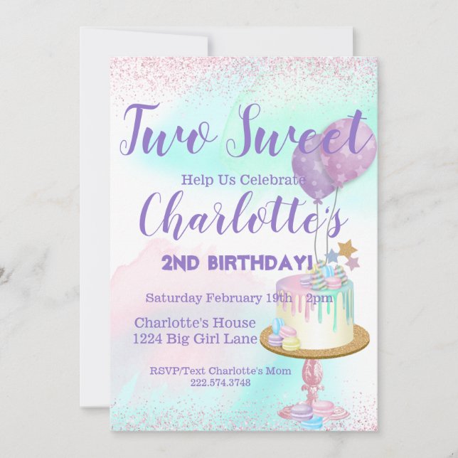 Watercolor Pastel Two Sweet Girl 2nd Birthday Invitation (Front)
