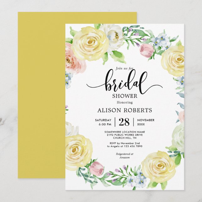 Watercolor pastel yellow wedding bridal shower invitation (Front/Back)