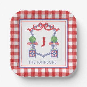 Watercolor Patriotic American Flag Topiary Crest Paper Plate