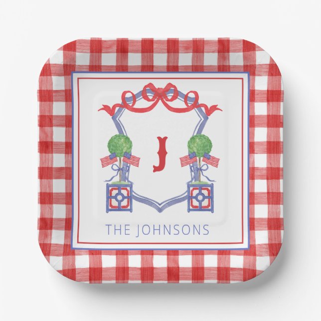 Watercolor Patriotic American Flag Topiary Crest Paper Plate (Front)