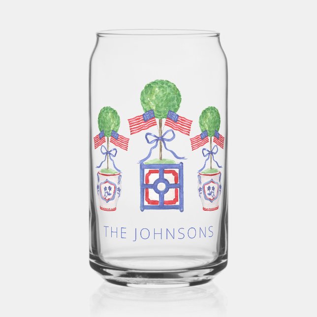 Watercolor Patriotic American Flag Topiary Gift Can Glass (Front)