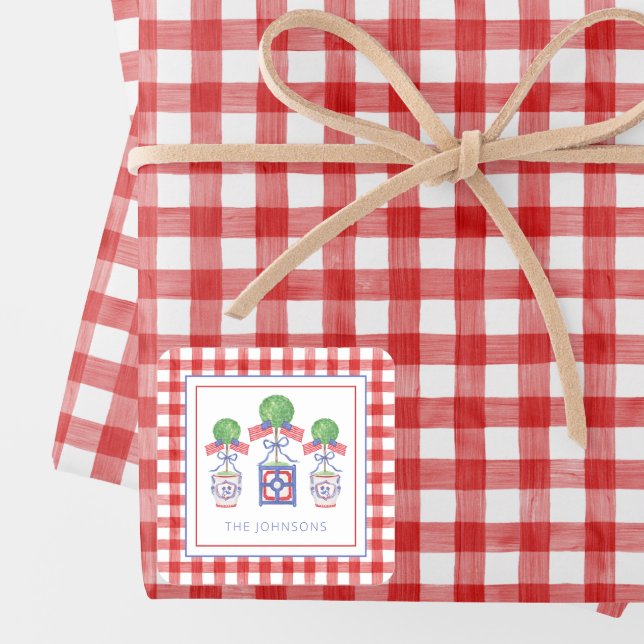 Watercolor Patriotic American Flag Topiary Gift Square Sticker (Creator Uploaded)